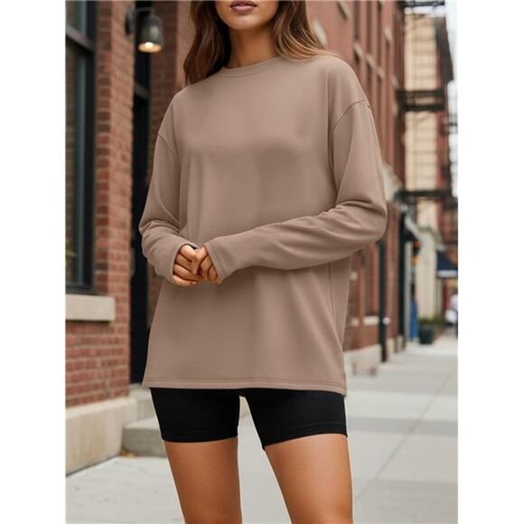 Womens Oversized Long Sleeve T Shirt Crewneck Basic Casual Fall Workout Top - Picture 2 of 7